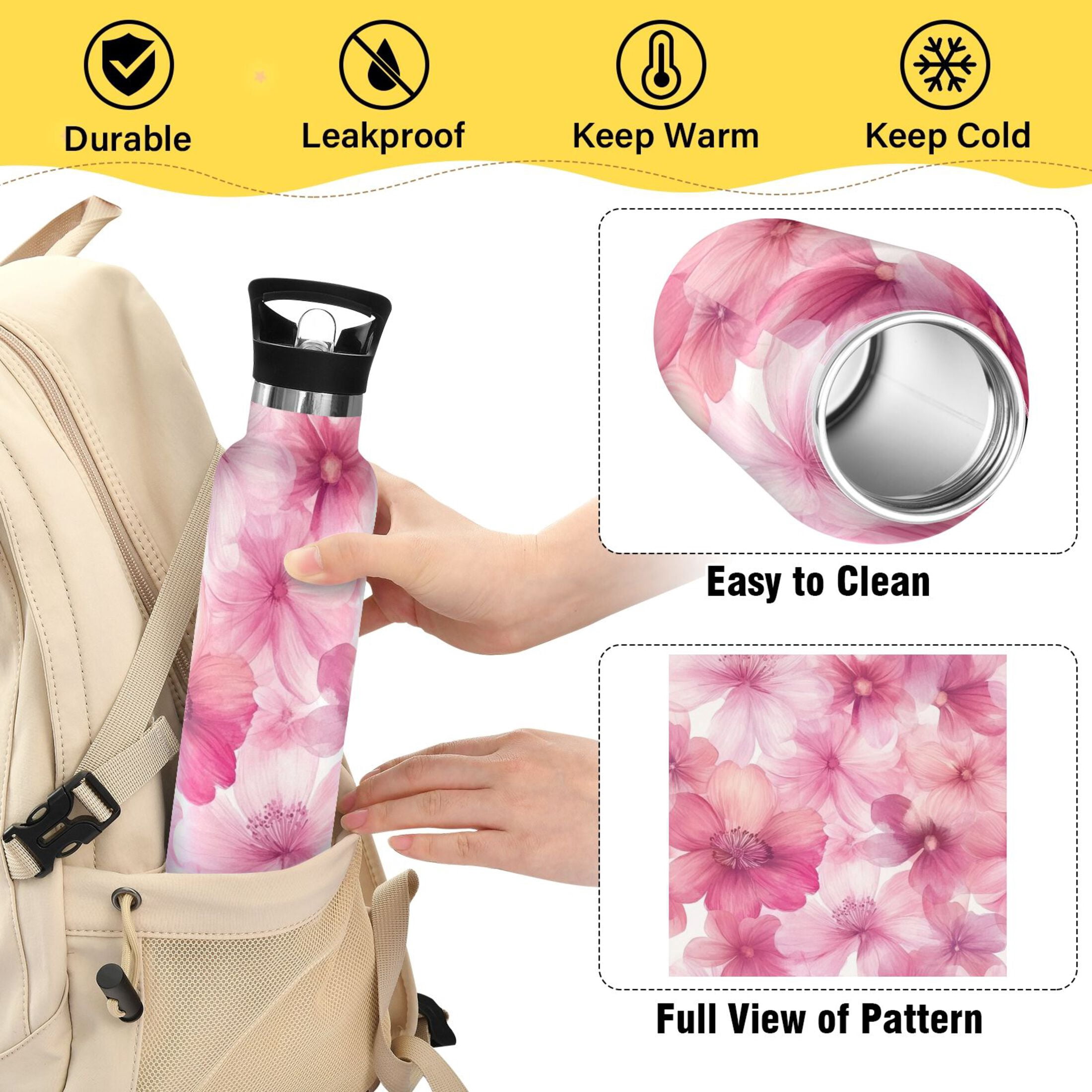 600ML Stainless Steel Insulated Cup Sports Water Bottle Portable Thermos Cup Water Glasses Insulated Tumblers Convenient and Durable Pink Flowers