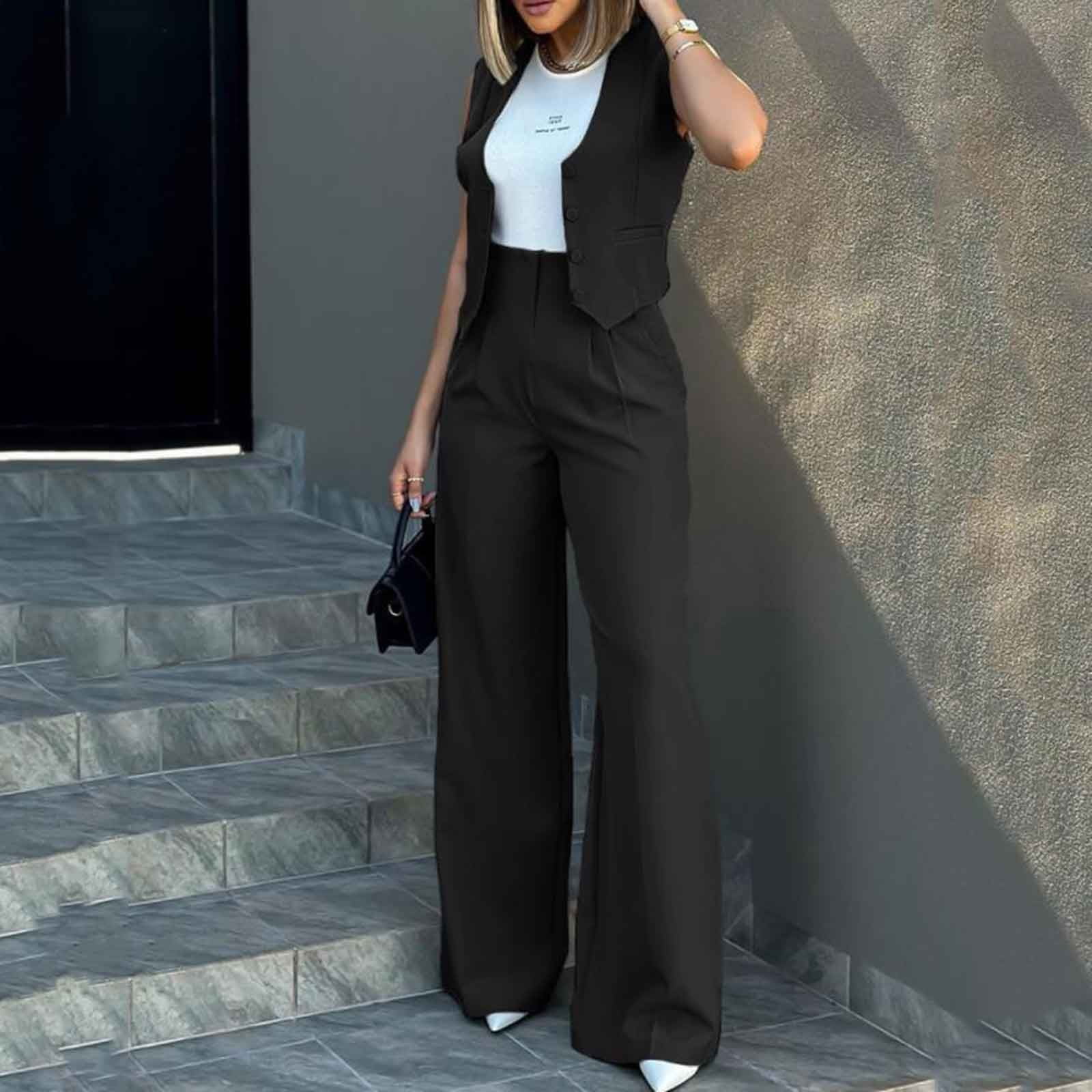 Womens Elegant Solid Color Suit Vest Tank Cardigan Pockets Tops