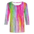 thumbnail image 4 of Savings 3/4 Sleeve Tops Striped Colorful Print Round Neck T-shirts Plus Size Basic Tees Casual Loose Pullovers Shirts Hot Pink,M, 4 of 5