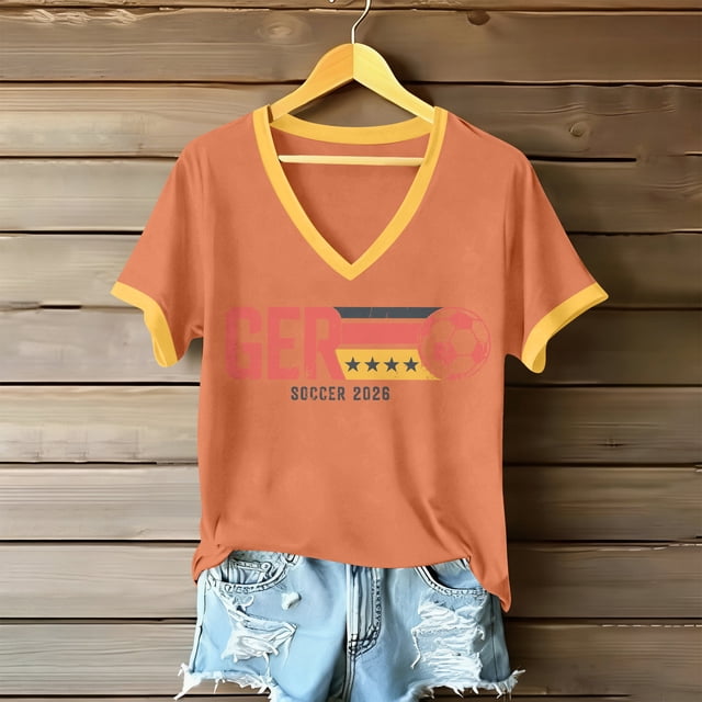 Women's Football Graphic T-Shirt, Women's Fashion V-Neck Short Sleeve T-Shirt with Letter Print for Casual Wear for Soccer Tournament 2026 Orange Size: 2XL