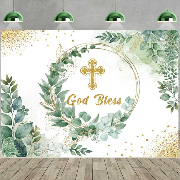 Telón de fondo con la frase "Dios bendiga" para primera comunión, bautismo, decoración para fiestas, hojas de eucalipto verde para niños, pancarta para baby shower de recién nacidos, suministros de