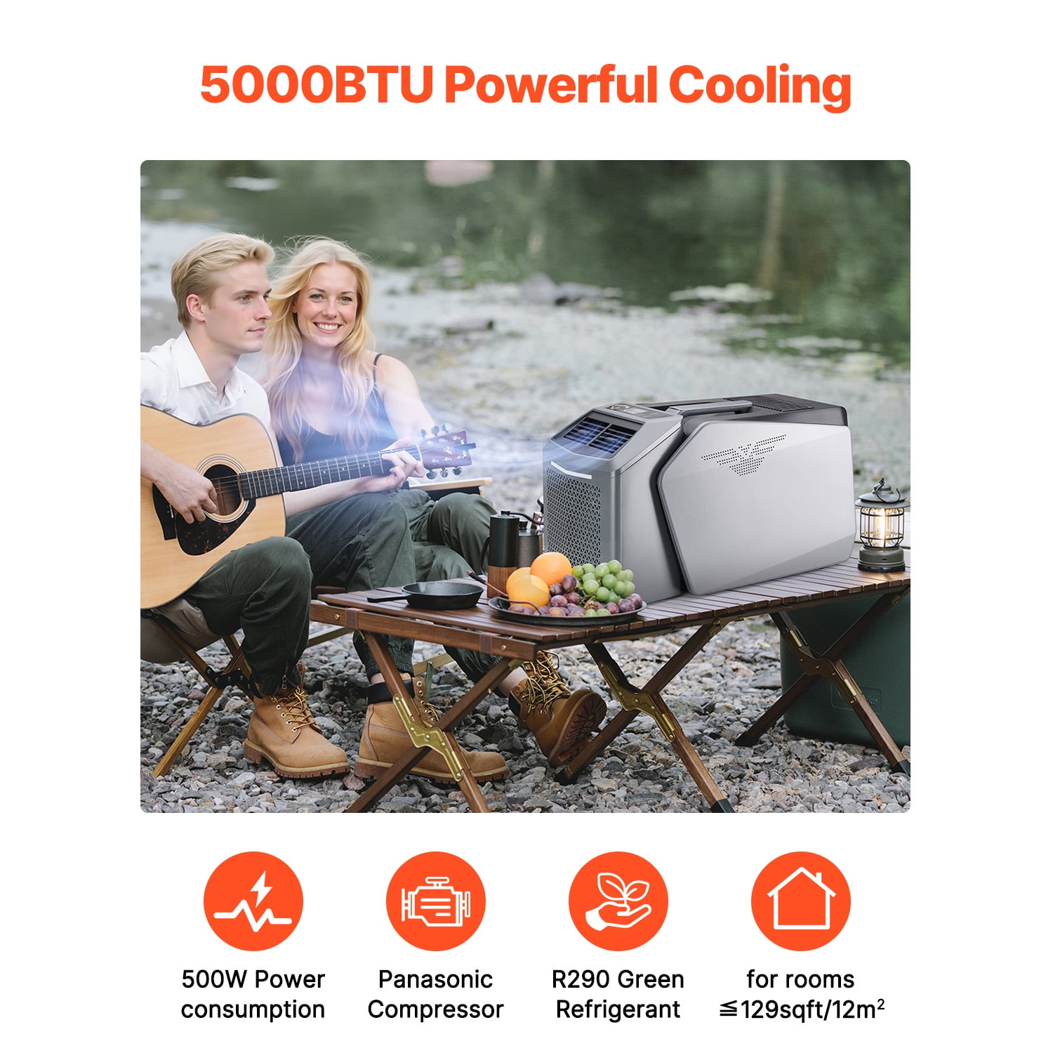 KFFKFF Mobile Air Cooling System, 5000 BTU Tri-Speed Climate Control Device with 24H Scheduler, Air Mobile AC Tunable from 16-32℃, Harmonious with AC/DC for External Tent Camping