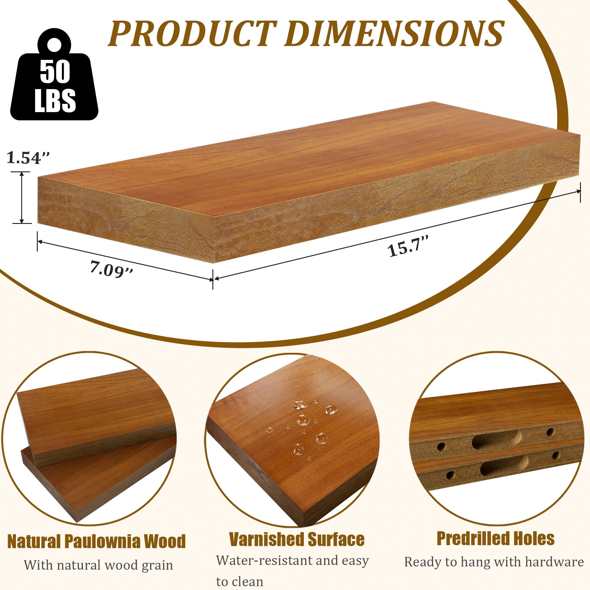 Floating Shelves for Wall Set of 3-Rustic Brown Solid Wood Wall Mounted Shelves,16" Long x 7" Deep x 1.6" Thick,Heavy Duty Shelving for Bedroom, Living Room, Kitchen, Bathroom (16inch)