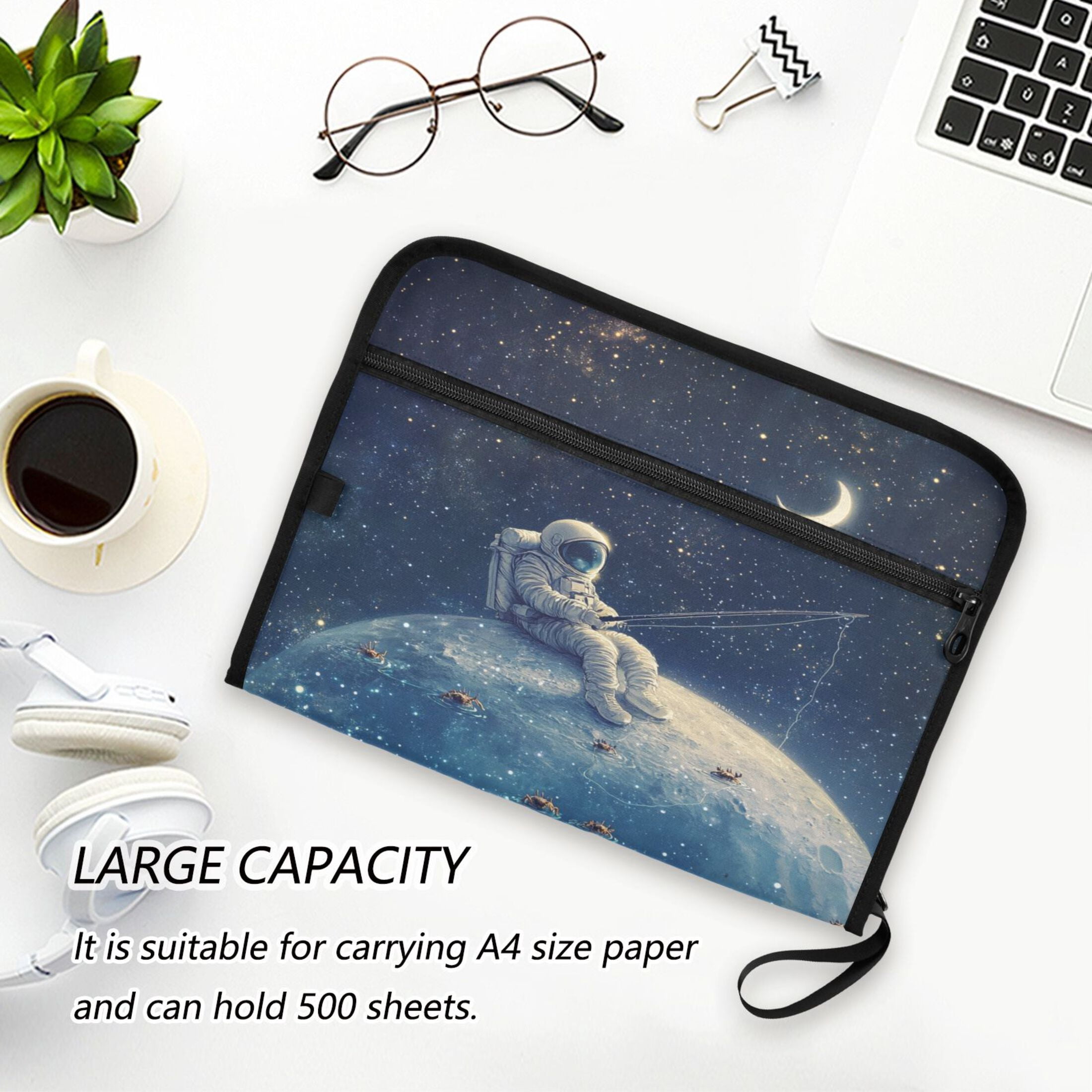 WOBOGO Astronaut Fishing on The Moon Expanding File Folder Letter Size Accordion Filing Organizer 13 Pocket Separate Organ Pocket