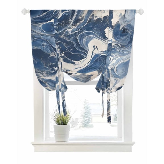 Vintage Navy Blue Tie Up Curtains for Window, Thermal Insulated Balloon Shade Adjustable Rod Pocket Curtains Valance Panels for Kitchen Bathroom Cafe 46 x 63 Marble Abstract Art