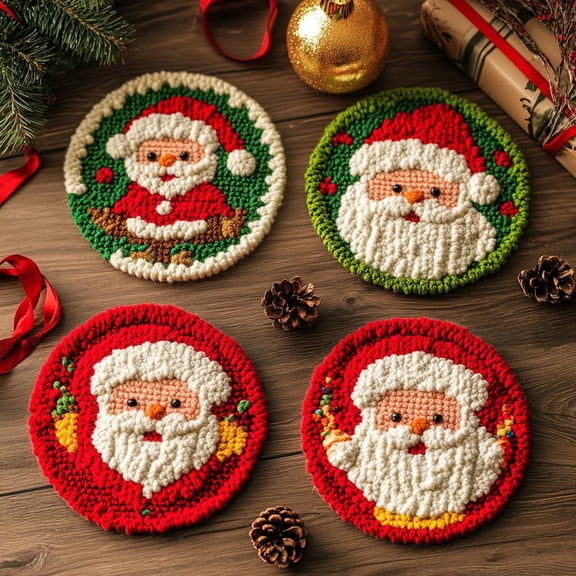 4 Set DIY Punch Needle Coaster Kits Cute Chritmas Santa Easy for Beginners with Adhesive Felt Hoop Punch Needle Embroidery Starter Set with Pattern for Drink Cups Mat Home Decor-8