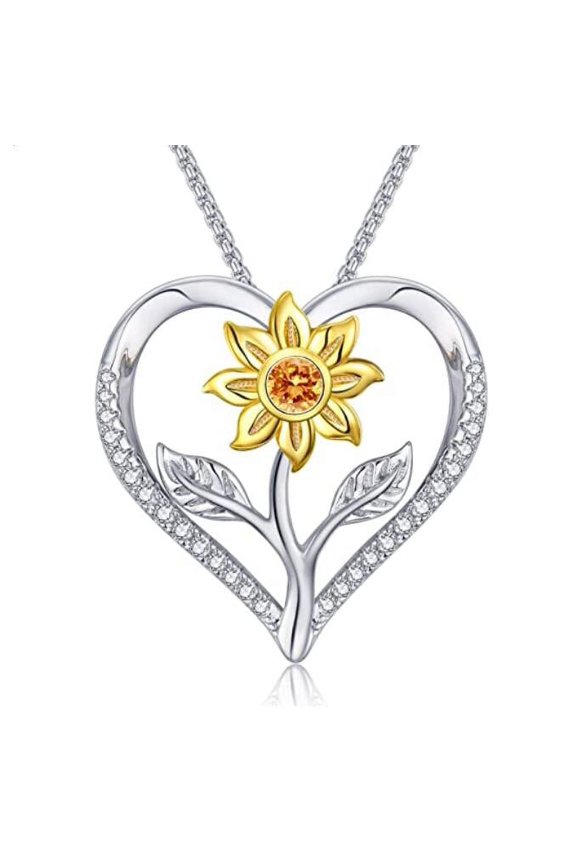 Mother's Gift S925 Sterling Silver Sunflower Love Heart Pendant Women Necklace Sterling Silver Box Chain 18".  Anniversary, Graduation, Mother's Day, Valentine's Day Gift