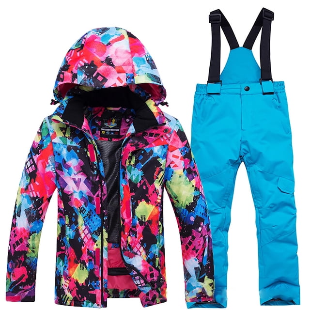 Xfvqtps Kids Ski Jacket and Pant Set Snowboarding Snowsuit Adjustable Drawstring Hooded Coat Colorful Print Adjustable Overalls Waterproof Windproof Winter Warm Ski Suits Sky Blue