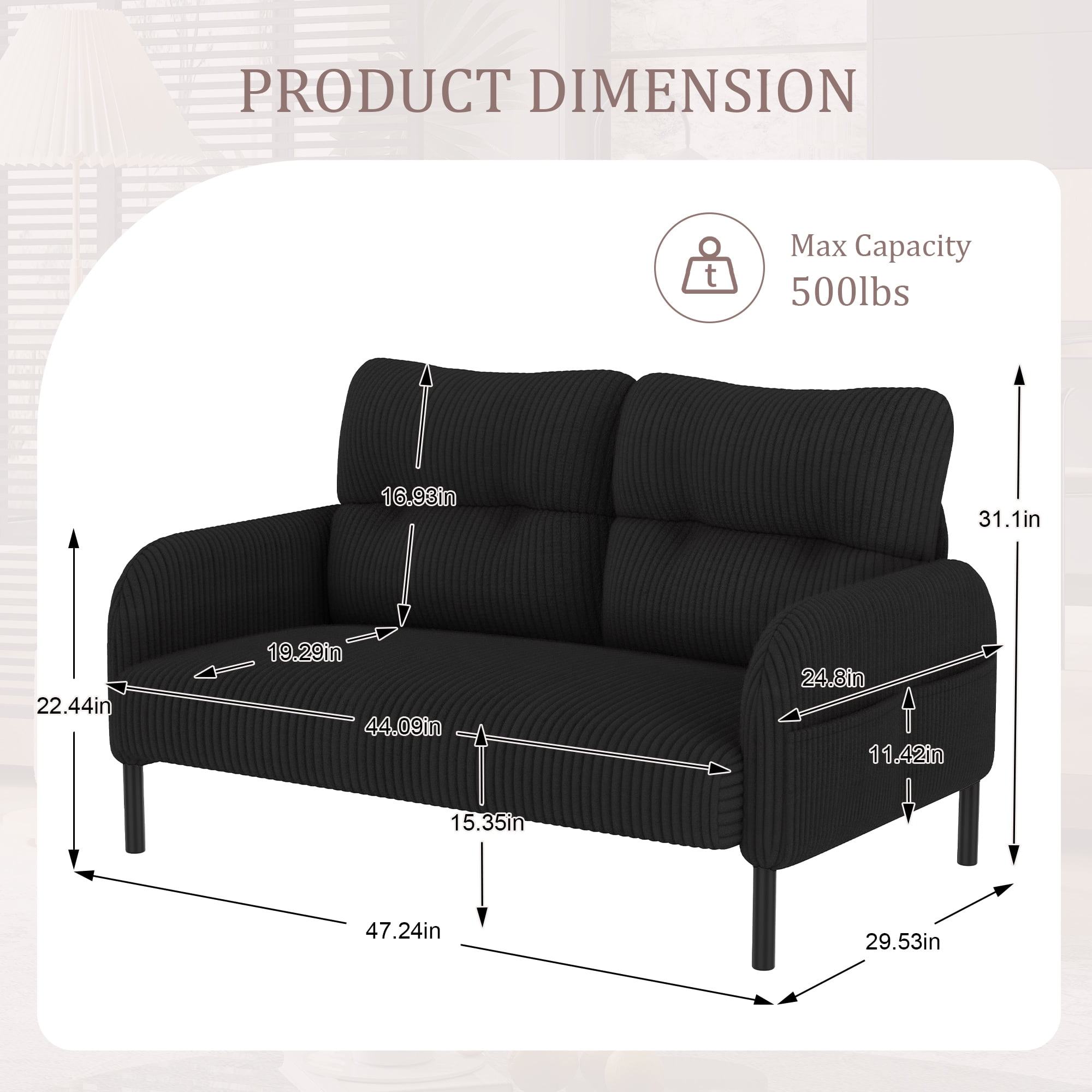 47" Small Loveseat Sofa Couch for Small Spaces,Corduroy Upholstered 2-Seater Love Seats for Apartment, Bedroom,Office,Black