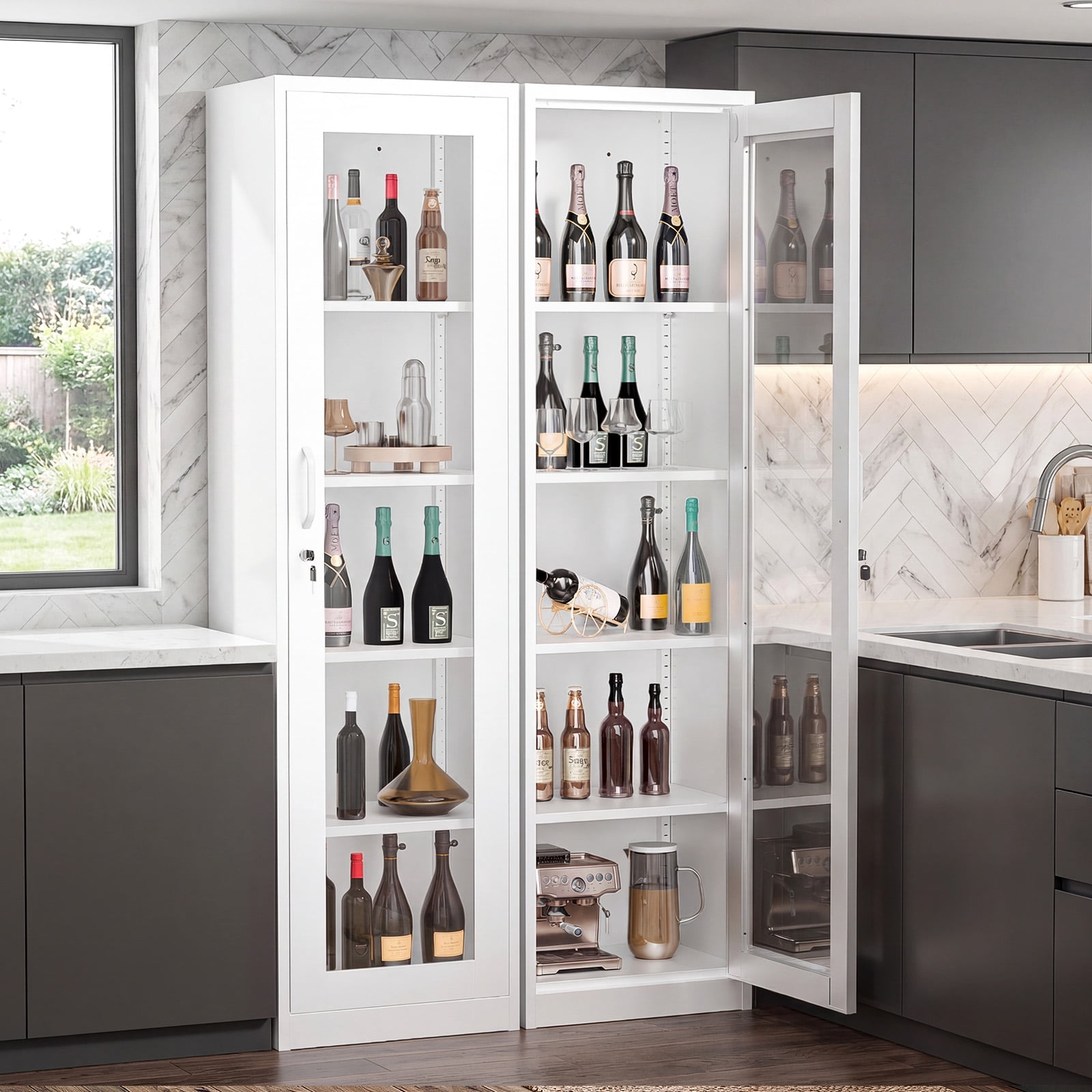 Ktaxon 65" Glass Door Steel Display Cabinet with Lock, Adjustable Shelves, Tall Narrow Storage Cupboard, LED-Ready, Black