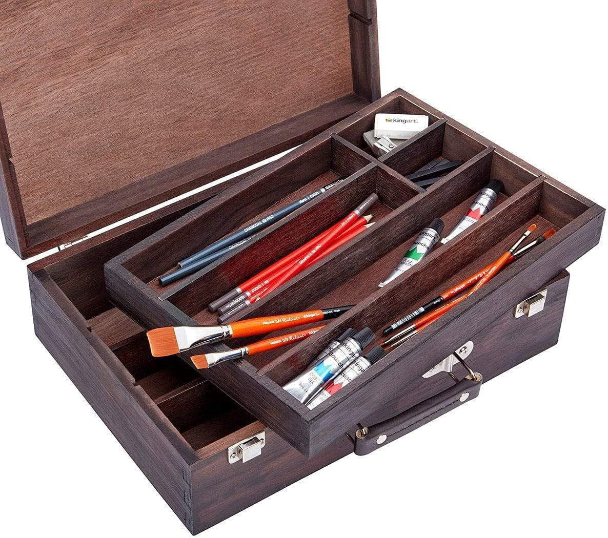 Wood Art Storage Box With Espresso Stain, 2-Tier Wood Case with 10 Dividers, Holds Markers, Paint, Brushes, Pencils, And More