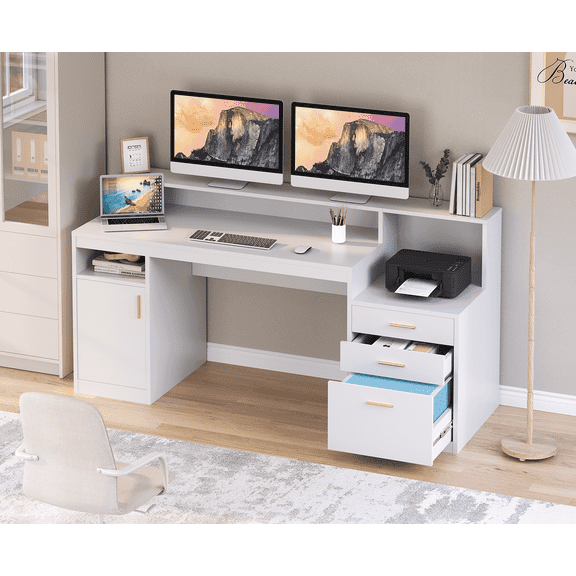 Computer Desk with 3 Drawer & Storage Shelves, Home Office Desk with File Drawer & Cabinet, Writing Study Table with Long Monitor Stand & Printer Shelf, Executive Desk, White