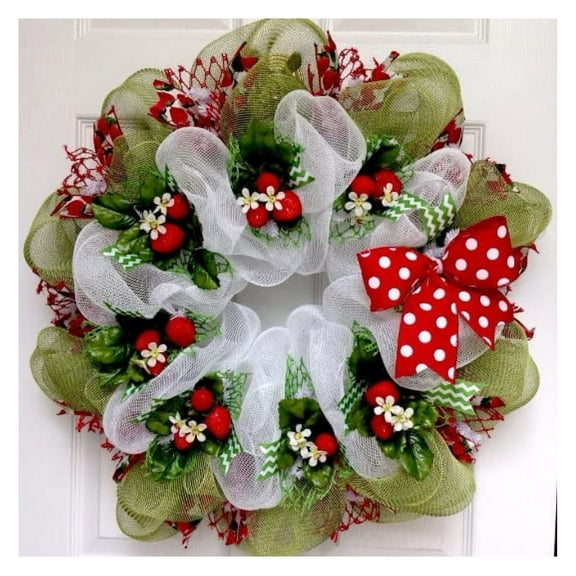 Strawberry Fields Deco Mesh Handmade Spring or Summer Wreath