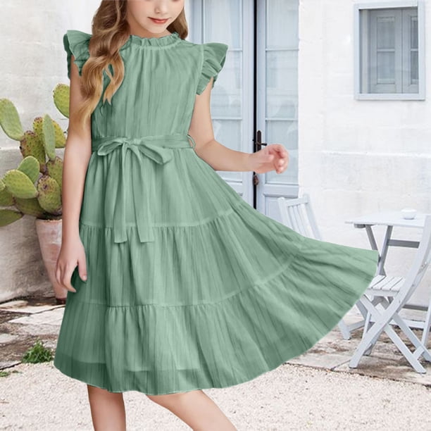 Ruyang Teen Girls Swing Flowy Dress Ruffles Short Sleeve Midi Smocked Dresses Summer Casual Elegant Crew Neck Dress Clothes