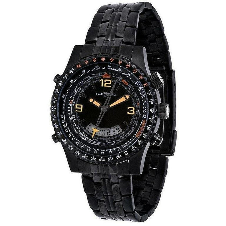 Field Stream Men s SEIKO E68 Aviation Watch with Chronograph Black Ion Plated Stainless Steel Band Walmart