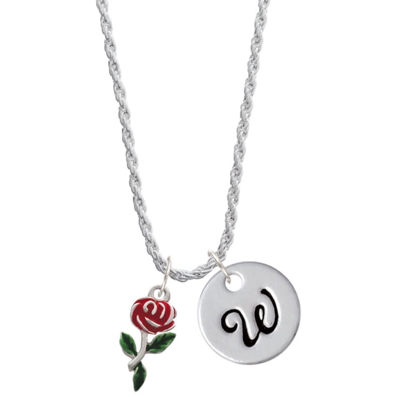 Delight Jewelry Silvertone Red Rose Flower Silvertone Script Initial Disc - W - Charm Necklace, 20"+3"