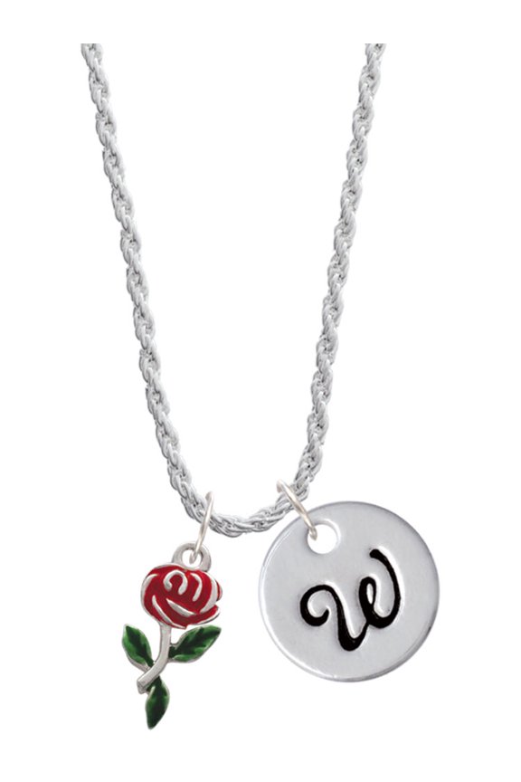 Silvertone Red Rose Flower Silvertone Script Initial Disc - W - Charm Necklace, 20"+3"
