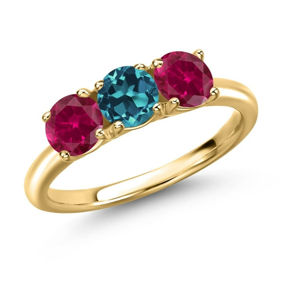 Gem Stone King 18K Yellow Gold Plated Silver London Blue Topaz and Red Created Ruby Engagement Ring for Women | 1.90 Cttw | Round 5MM | Gemstone November Birthstone | Size 5