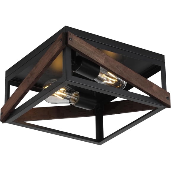 KEESFU Farmhouse Flush Mount Ceiling Light, Black Metal Wood Fixture for Hallway Entryway Kitchen Bedroom