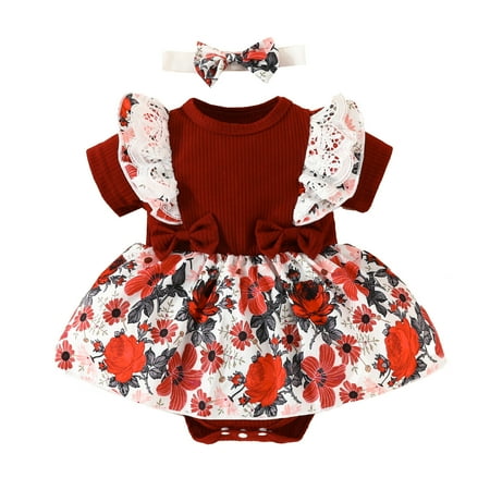 

NOKIO Baby Short Sleeve Printed Bodysuit Girls Short Sleeve Floral Prints Romper Ribbed Bodysuits Dress Headbands Set Baby Casual Short Sleeve Bodysuit Baby Patterned Romper Baby Graphic Romper