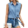 thumbnail image 3 of SLADYGLO Women Chic Lapel Collar Buttons Down Sleeveless Tie-Front Denim Shirt, 3 of 7