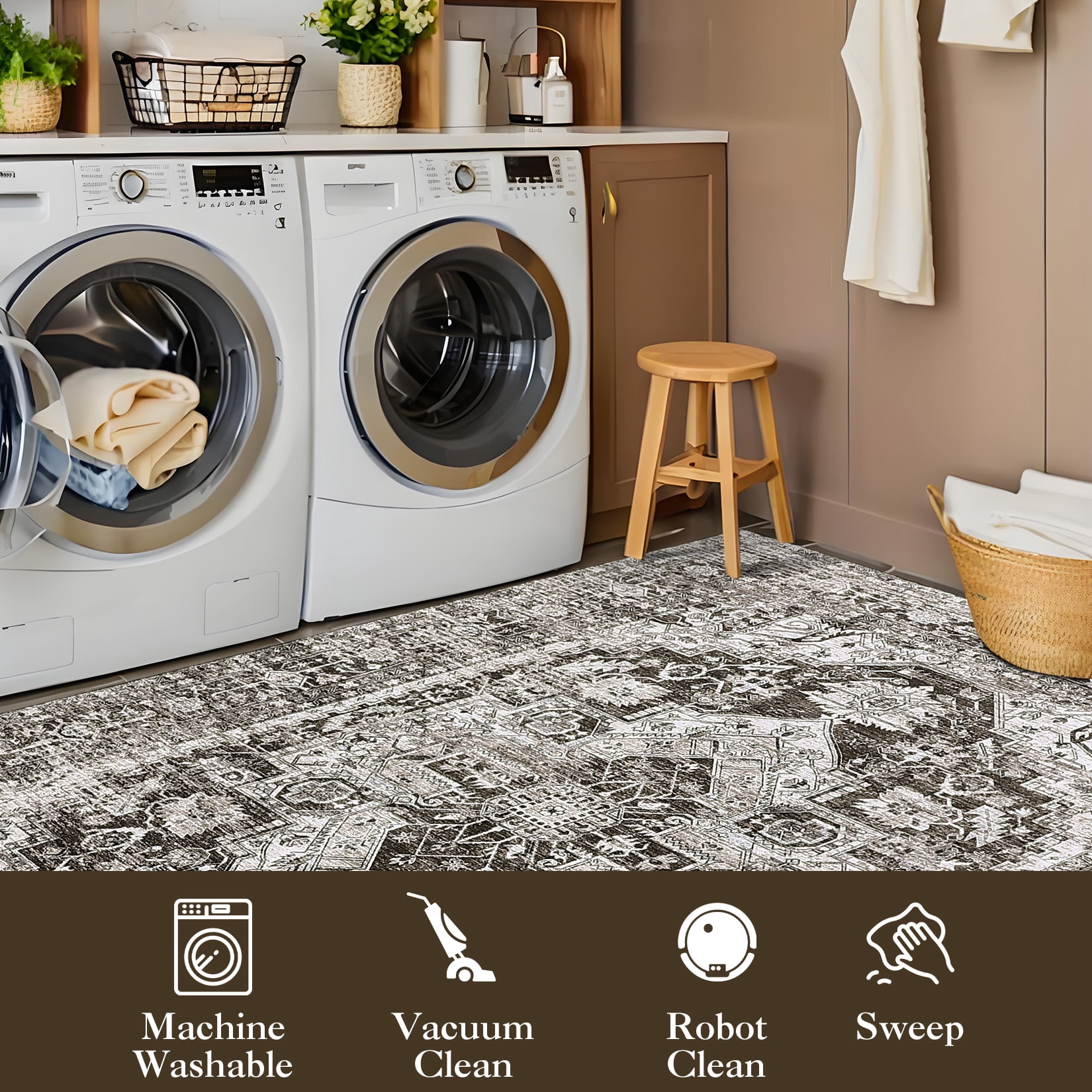 Hasoo Area Rug 5' x 7' Vintage Carpet Machine Washable Rugs for Living Room Bedroom Brown
