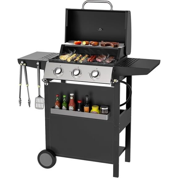 3 Burner Propane Gas Grill, Stainless Steel 36,000 BTU BBQ Grill, Built-in Lid Thermometer, Ideal for Patio Camping Backyard