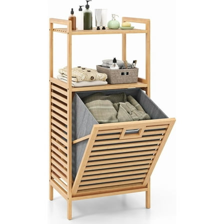 CZMJY Tilt Out Laundry Hamper, Bamboo Laundry Storage Cabinet with 2-Tier Storage Shelves, Foldable & Removable Basket, Freestanding Laundry Basket Organizer for Bathroom, Laundry Room, Natural