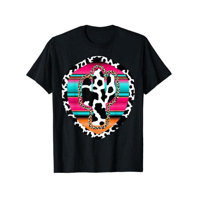 Camiseta turquesa negra 100 % algodón con estampado de vaca, cactus, leopardo, guepardo y sarape