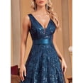 thumbnail image 4 of Teal Blue Sequin Embroidered V-Neck Sleeveless Maxi Evening Gown, 4 of 30