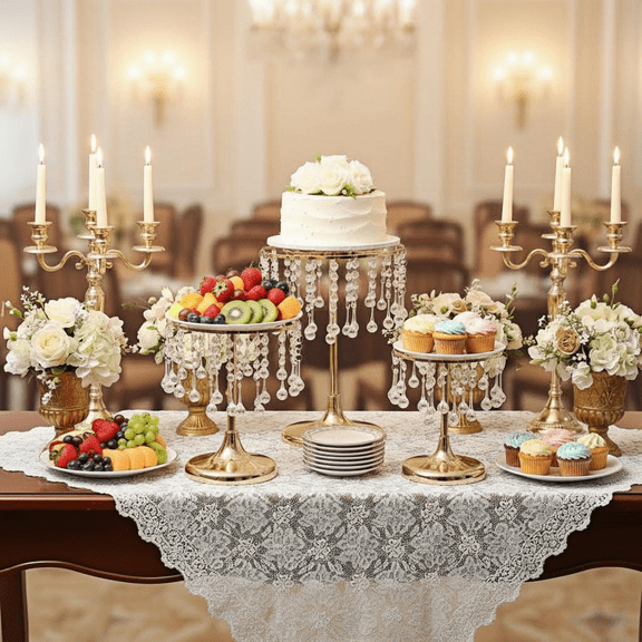 3 Pcs Crystal Gold Cake Stand with Elegant Pendant -Round Metal Dessert Cake Holders, Cupcake Stand for Birthday, Anniversary, Baby Shower Party, Christmas Gifts