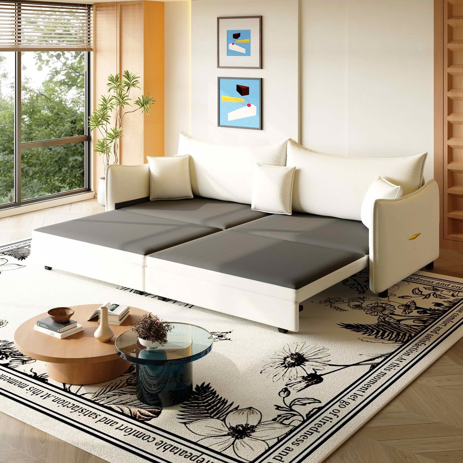 MAYEERTY 81.9" King Pull‑Out Velvet Sofa Bed, 3‑in‑1 Convertible 3‑Seater Couch with Golden Accent, 3 Pillows Included for Small Space & Living Room