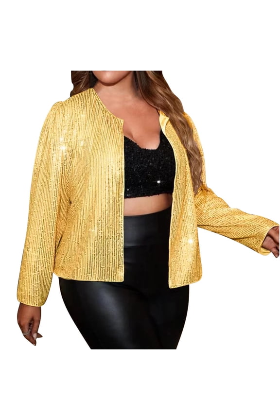 Women's Plus Size Sequin Jacket Button Up Long Sleeve Disco Sparkling Puff Sleeve Party Bomber Outwear