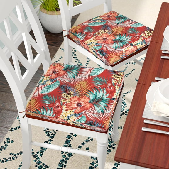 Chair Cushion 18"x18"x2.5" for Furniture, 2 Pack, Indoor/Outdoor Waterproof Square Corner Seat Cushion with Ties, Chair Pads for Garden Dining Office Sofa-Chili Red Floral