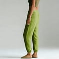 thumbnail image 2 of Women Solid Linen Jogger Pants Ruched Elastic Waist Cuffed Ankle Design Functional Pockets Comfortable Daily Casual Wear Trousers Army Green L, 2 of 4