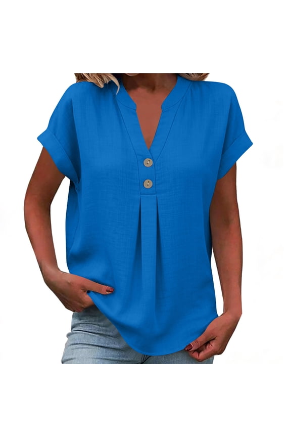 Cotton Linen T Shirts for Women Summer Oversized V Neck Button Up Short Sleeve Shirt Top Casual Solid Plus Size Loose Breathable Beach Vacation Boho TShirt