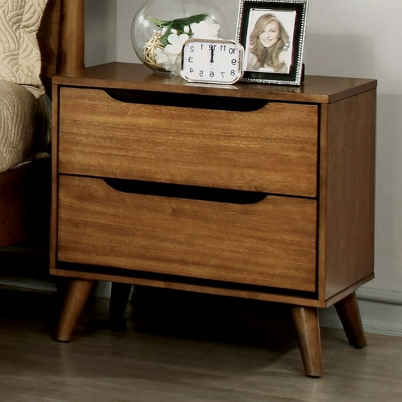 Mid Century Nightstand, Modern Bedside Table with 2 Drawers and 4 Solid Wood Round Tapered Legs, Noght Stand End Side Table for Bedroom, Living Room, Oak