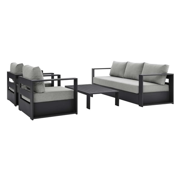 Lounge Sectional Sofa Chair Table Set, Grey Gray, Aluminum, Metal, Fabric, Modern Contemporary, Outdoor Patio Balcony Cafe Bistro Garden Furniture Hotel Hospitality