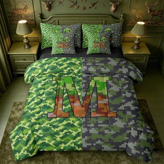 meiyoeat Pixel Gamepad Games 7-Piece Twin Bedding For Boys,Grid Miner Theme Initial Alphabet M Bedding Comforter Set,Black Reversible