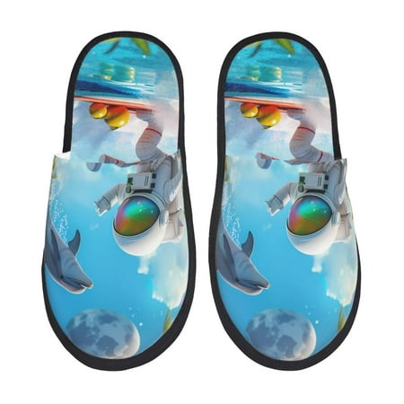 

Qekee Astronaut Tropical Dolphin Print Furry Slippers for Women and Men House Slipper Funny Bedroom Slippers Indoor -Large