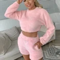thumbnail image 4 of 9 Colors Two Piece Sexy Fluffy Pajamas Women Plush Velvet Long Sleeve Crop Tops +shorts Set Casual Warm Sports Sweatshirt (Pink as pic,S), 4 of 7