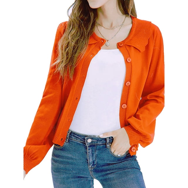 Diconna Women's Long Sleeve Button Cardigan Sweater Lapel Cable Knit Short Sweater Jacket