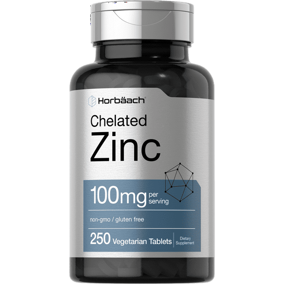 Chelated Zinc Supplement 100mg | 250 Tablets |  Vegetarian, Non-GMO, Gluten Free | by Horbaach