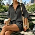 thumbnail image 5 of Women's Two-Piece Outfits Casual Short Sleeve Button Down Shirt And Drawstring Shorts Set Loose Loungewear For Summer, 5 of 9