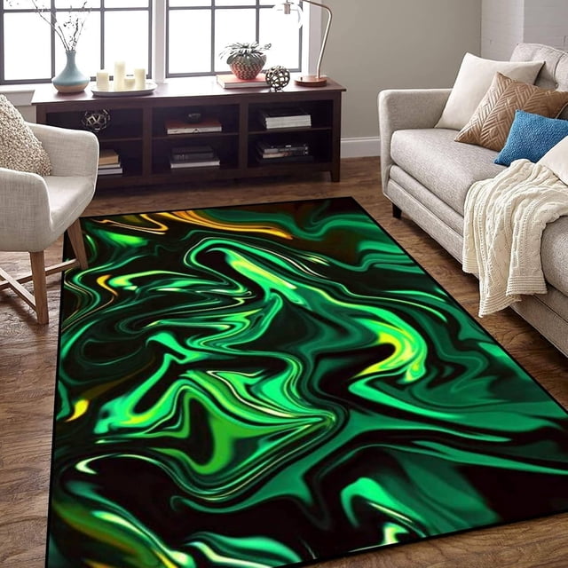 Marble Green Large Area Rugs, Abstract Wave Runner Rugs, Non-Slip Floor Throw Mat, Rectangle Carpet for Living Room, Bedroom, Hallway Front Entrance, Kitchen, Dining, 4' x 5'3"