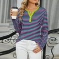 thumbnail image 4 of Timegard Hauts pour Femmes à Rayures Col en V Échancré Mi-Long Haut Automne Hiver Chic Décontracté Ample Confortable Blouse, 4 of 7