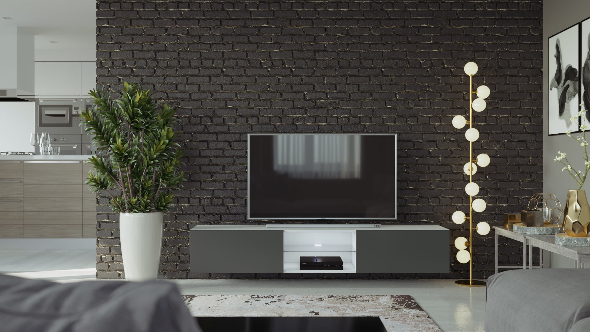 Vigo 71'' White and Graphite Floating TV Stand with Glass Shelf