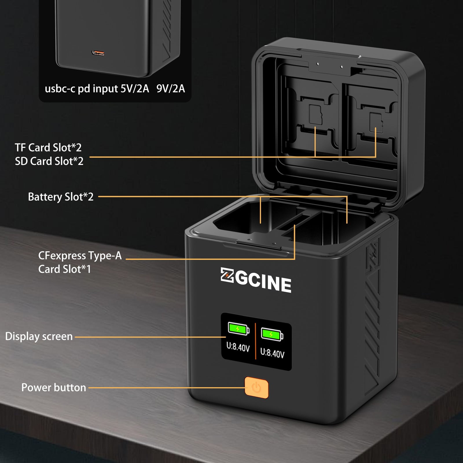 ZGCINE PS-LPE6 Dual USB-C Charger Case Box with PD Fast Charging for Canon LPE6/E6N/E6NH/E6P