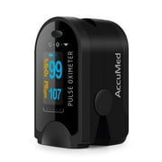 AccuMed CMS-50D Finger Pulse Oximeter Blood Oxygen Sensor SpO2 for Sports and Aviation. Portable and Lightweight with LED Display, 2 AAA Batteries, Lanyard and Travel Case (Black)