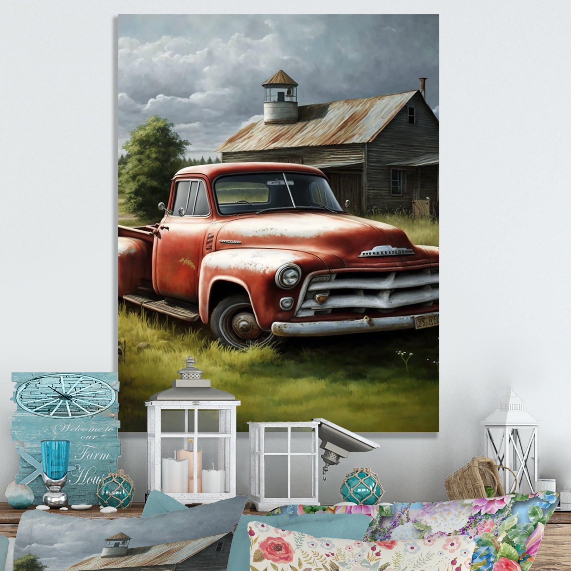Designart Orange Vintage Truck At The Barn Canvas Wall Art